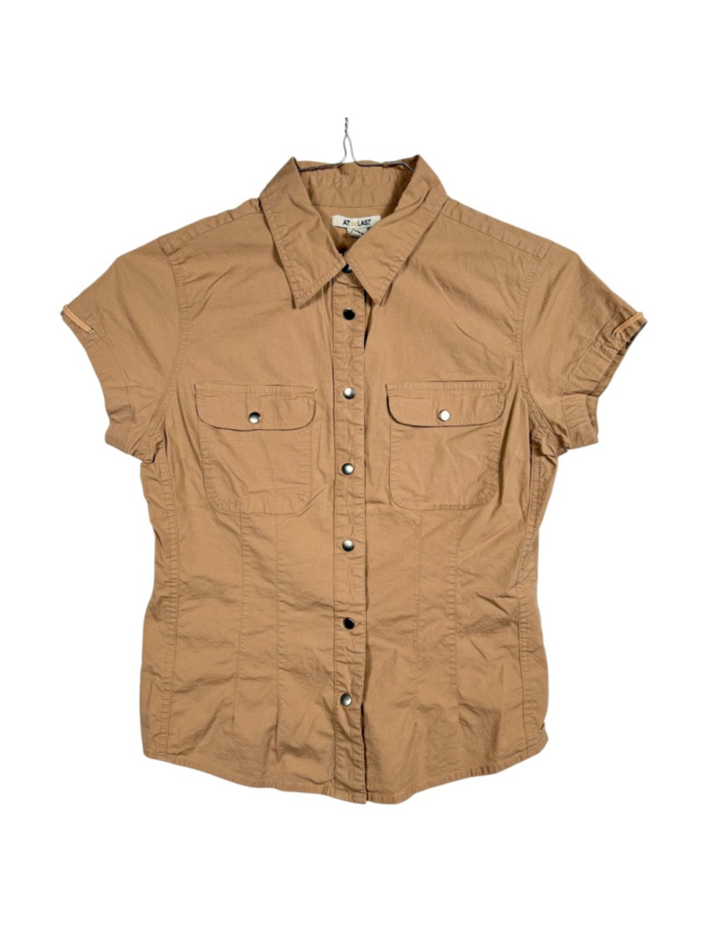 At Last Cargo Safari Shirt Tan Button Cowgirl Ranch Womens Medium